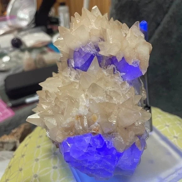 Raw crystal- large yellow tooth calcite FLUORITE W- purple UV 5”x5”x 3” - Picture 3 of 10